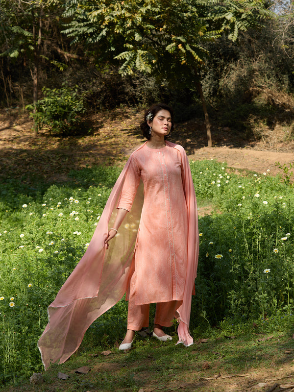 Khushal K Women Printed Regular Pure Cotton peach Kurta & Palazzo With Dupatta