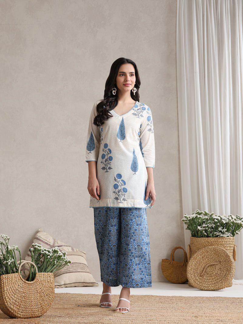 Floral Printed Cotton V-Neck Tunic With Palazzo Co-Ords