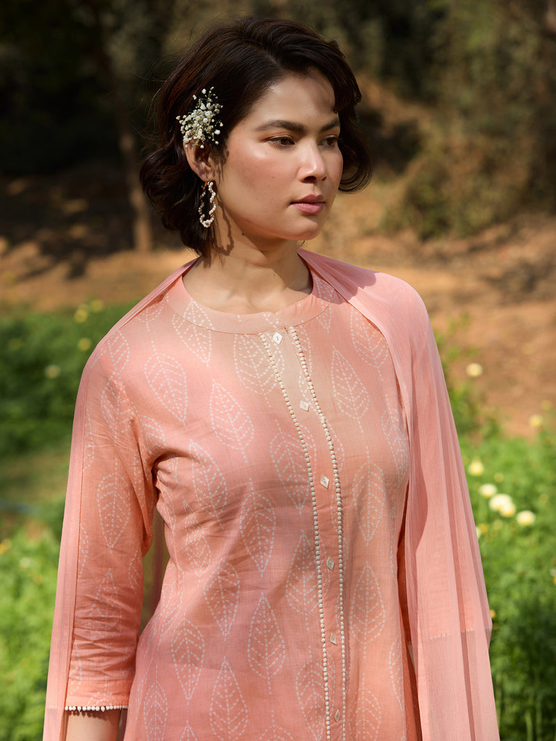 Khushal K Women Printed Regular Pure Cotton peach Kurta & Palazzo With Dupatta