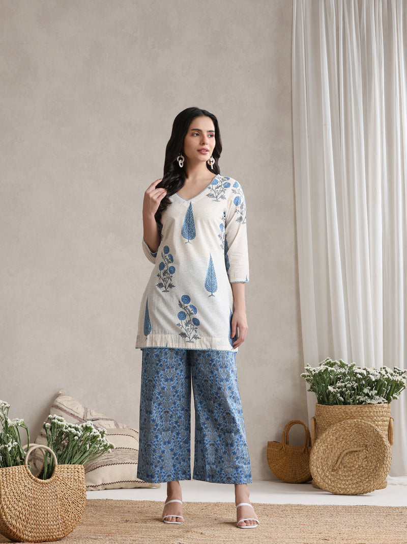 Floral Printed Cotton V-Neck Tunic With Palazzo Co-Ords