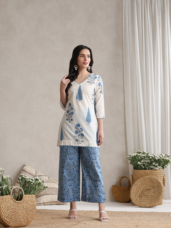 Floral Printed Cotton V-Neck Tunic With Palazzo Co-Ords