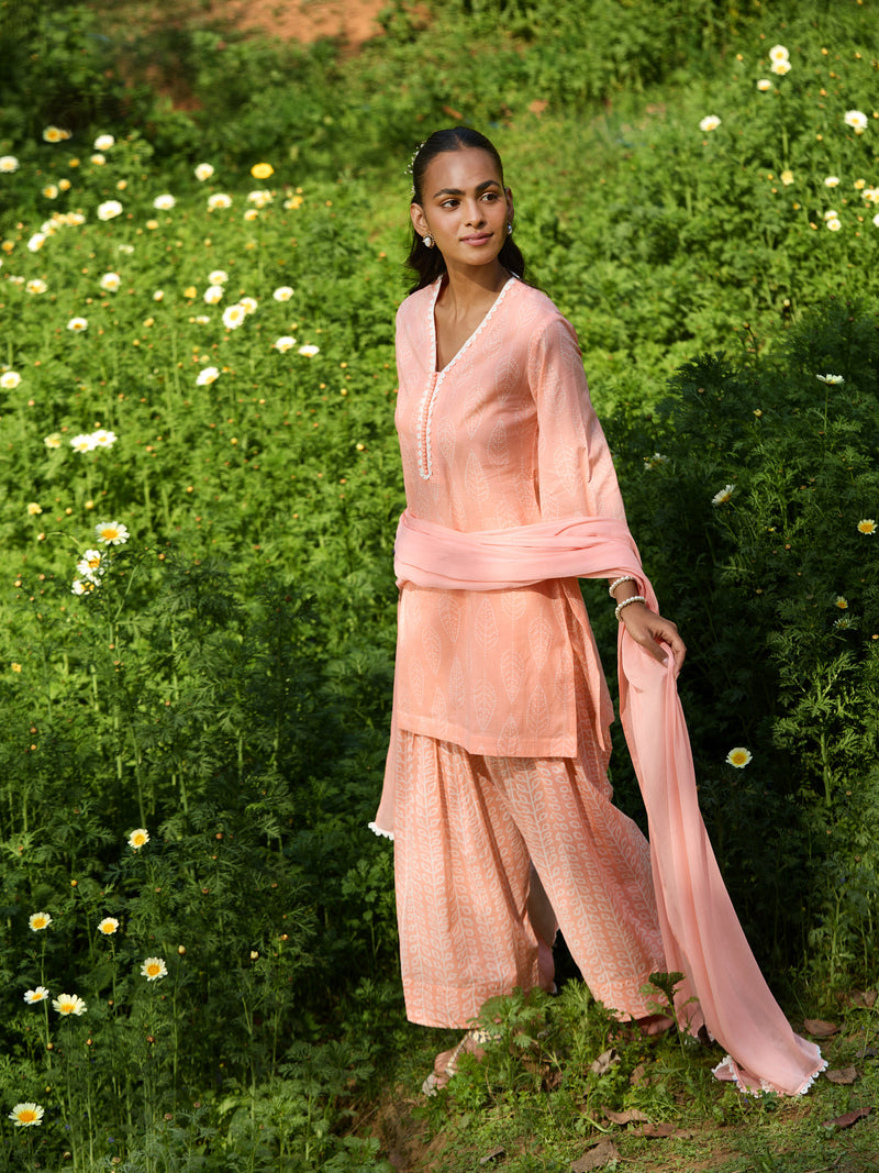 Khushal K Women Printed Regular Pure Cotton peach Kurta & Farsi Salwar With Dupatta