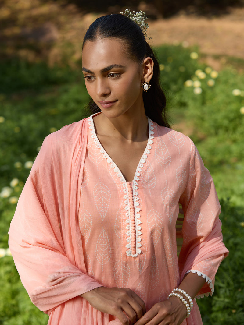 Khushal K Women Printed Regular Pure Cotton peach Kurta & Farsi Salwar With Dupatta