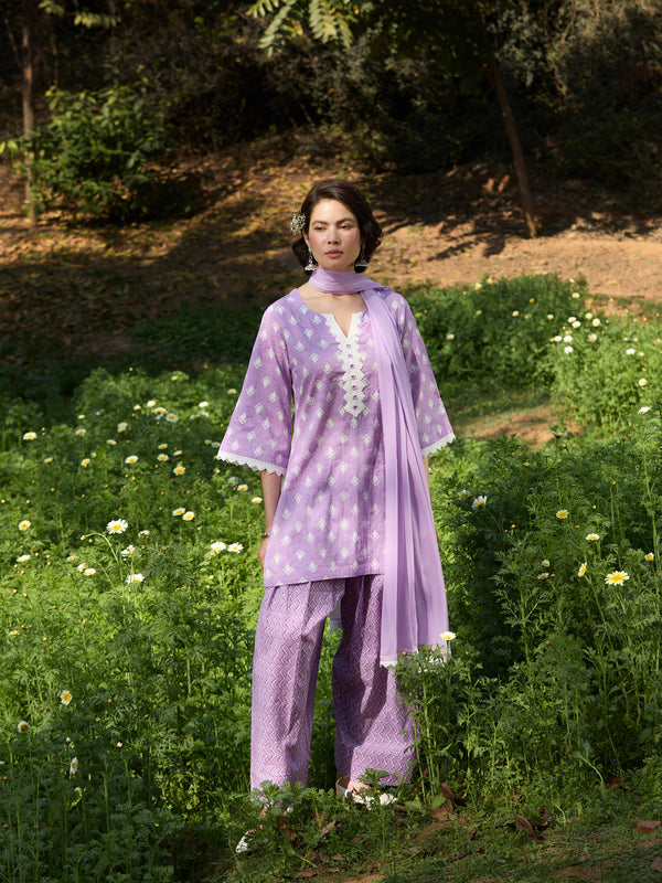Khushal K Women Printed Regular Pure Cotton purple Kurta & Palazzo With Dupatta