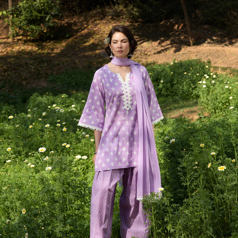 Women Printed Regular Pure Cotton Purple Kurta & Palazzo with Dupatta - Khushal K - Image 3