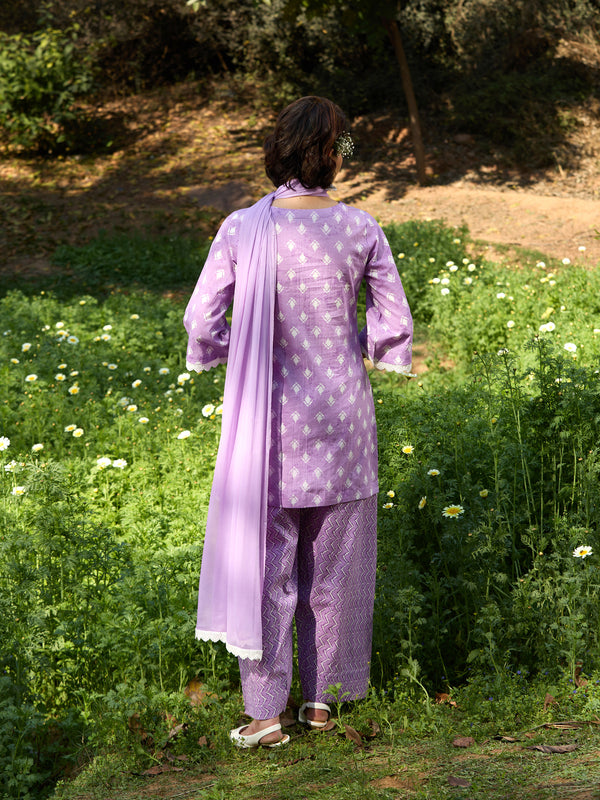 Khushal K Women Printed Regular Pure Cotton purple Kurta & Palazzo With Dupatta