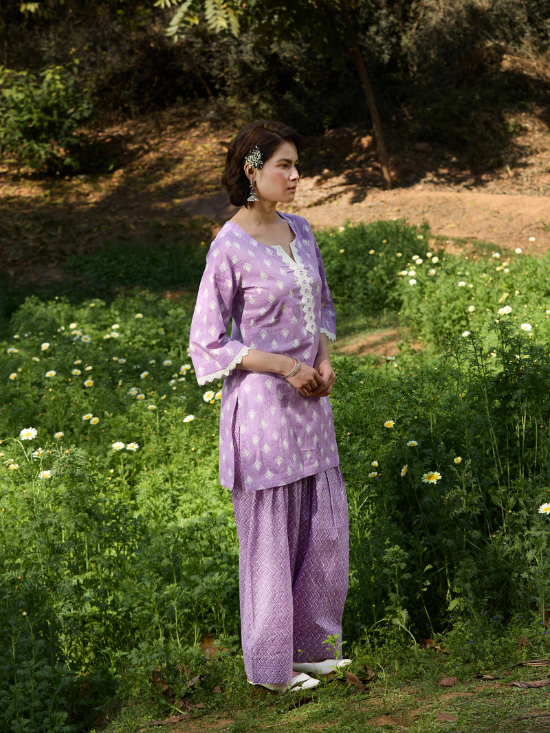 Khushal K Women Printed Regular Pure Cotton purple Kurta & Palazzo With Dupatta