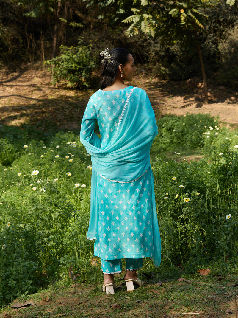 Khushal K Women Printed Regular Pure Cotton turquoise blue Kurta & Palazzo With Dupatta