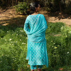 Khushal K Women Printed Regular Pure Cotton turquoise blue Kurta & Palazzo With Dupatta