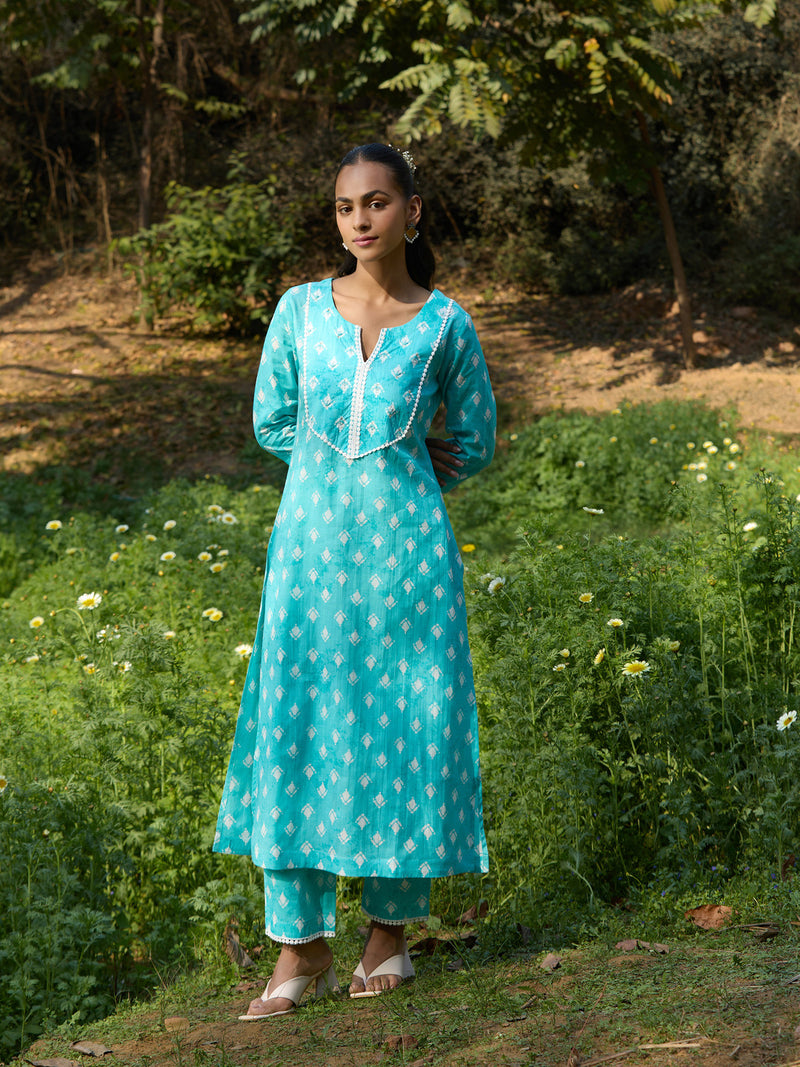 Khushal K Women Printed Regular Pure Cotton turquoise blue Kurta & Palazzo With Dupatta