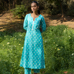 Khushal K Women Printed Regular Pure Cotton turquoise blue Kurta & Palazzo With Dupatta
