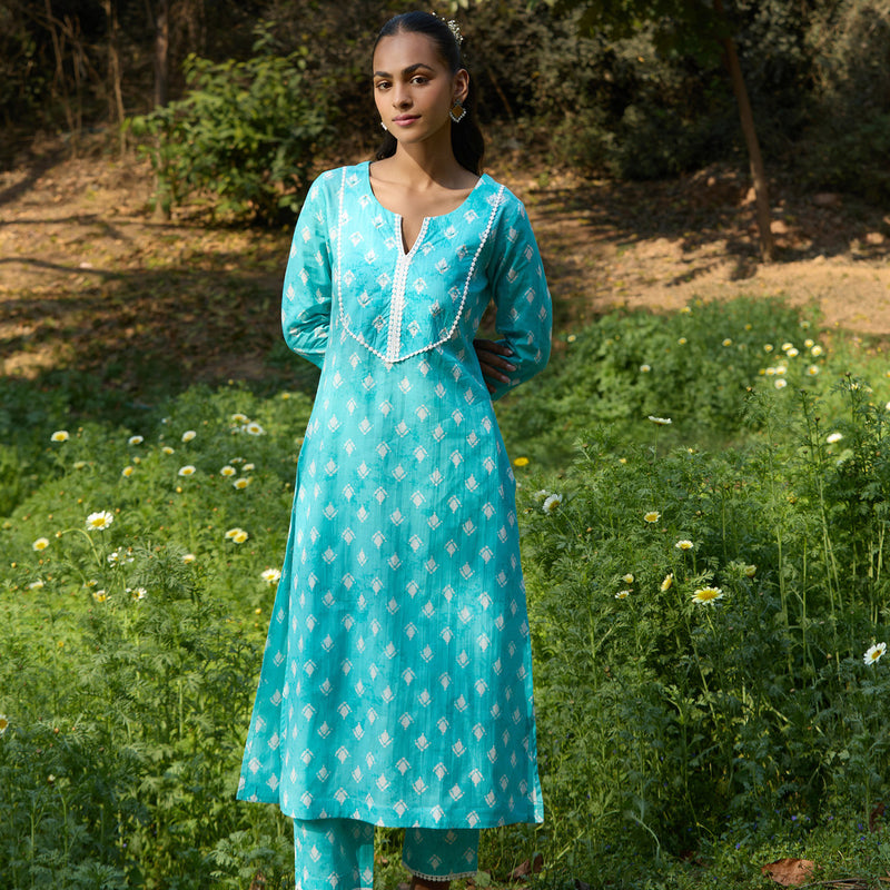 Women Printed Regular Pure Cotton Turquoise Blue Kurta & Palazzo with Dupatta - Khushal K - Image 5
