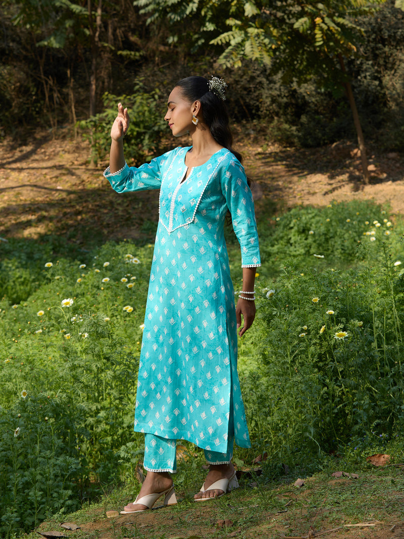 Khushal K Women Printed Regular Pure Cotton turquoise blue Kurta & Palazzo With Dupatta