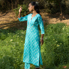 Khushal K Women Printed Regular Pure Cotton turquoise blue Kurta & Palazzo With Dupatta