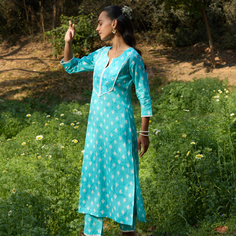 Women Printed Regular Pure Cotton Turquoise Blue Kurta & Palazzo with Dupatta - Khushal K - Image 6