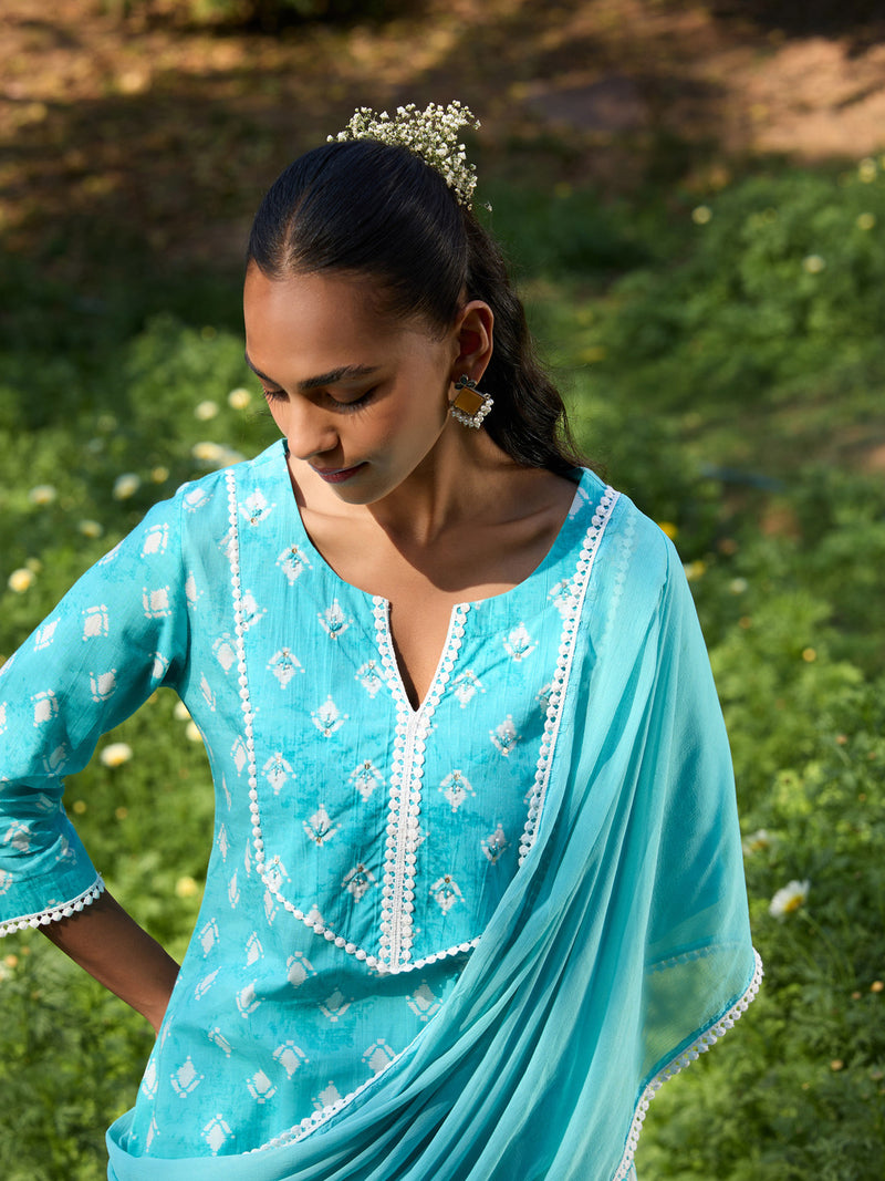 Khushal K Women Printed Regular Pure Cotton turquoise blue Kurta & Palazzo With Dupatta