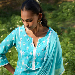 Khushal K Women Printed Regular Pure Cotton turquoise blue Kurta & Palazzo With Dupatta