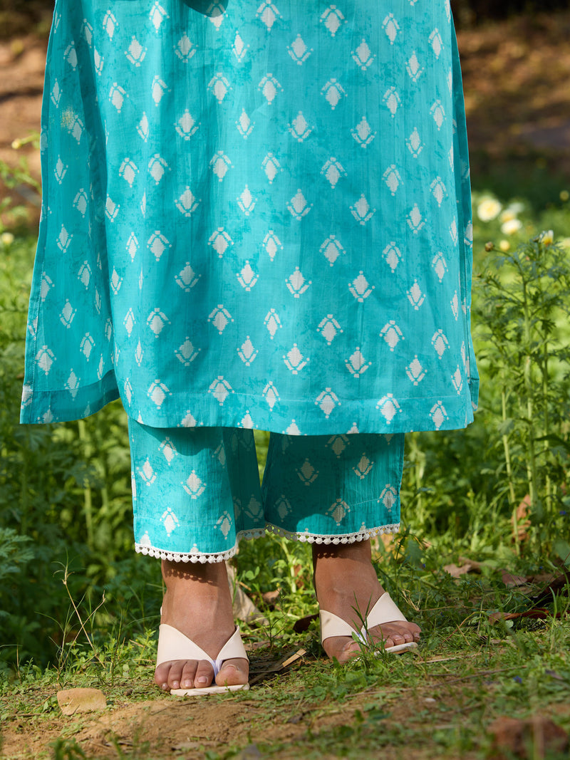 Khushal K Women Printed Regular Pure Cotton turquoise blue Kurta & Palazzo With Dupatta