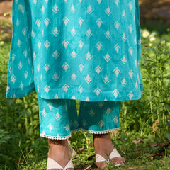Khushal K Women Printed Regular Pure Cotton turquoise blue Kurta & Palazzo With Dupatta