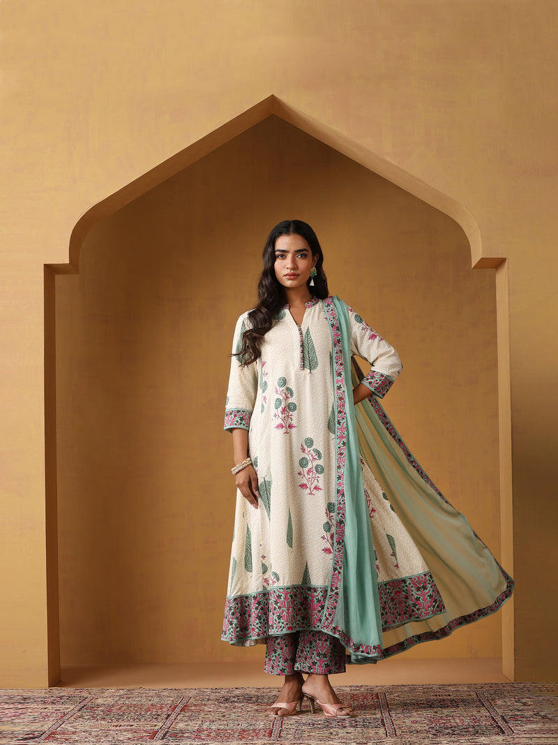Khushal K Floral Printed Mandarin Collar Pure Cotton A-Line Kurta set