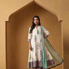 Khushal K Floral Printed Mandarin Collar Pure Cotton A-Line Kurta set