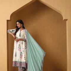 Khushal K Floral Printed Mandarin Collar Pure Cotton A-Line Kurta set