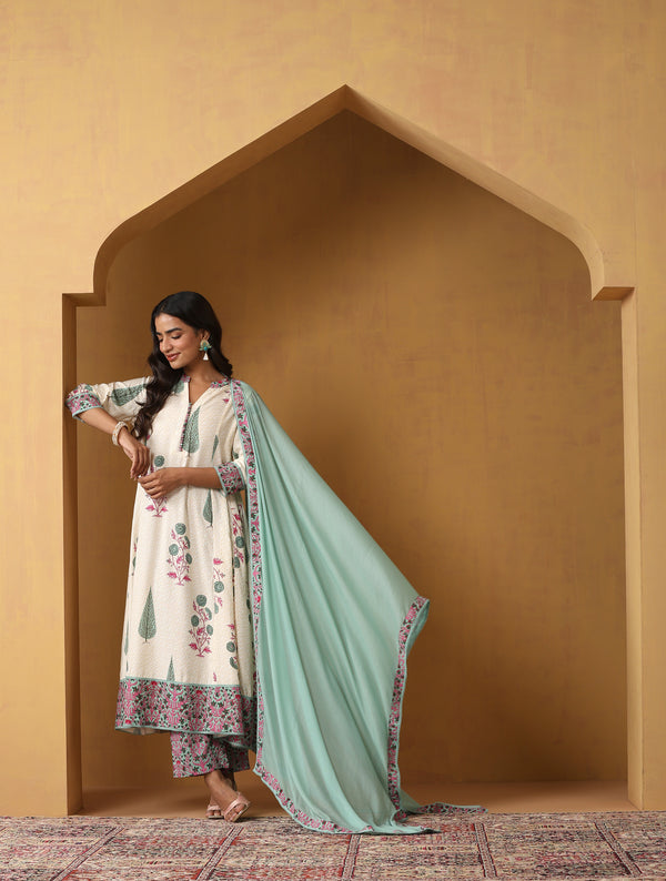 Khushal K Floral Printed Mandarin Collar Pure Cotton A-Line Kurta set