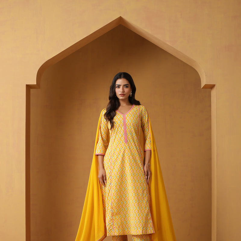 Women Printed Regular Aline Calf Length Kurta Set - Yellow - Khushal K - Image 8