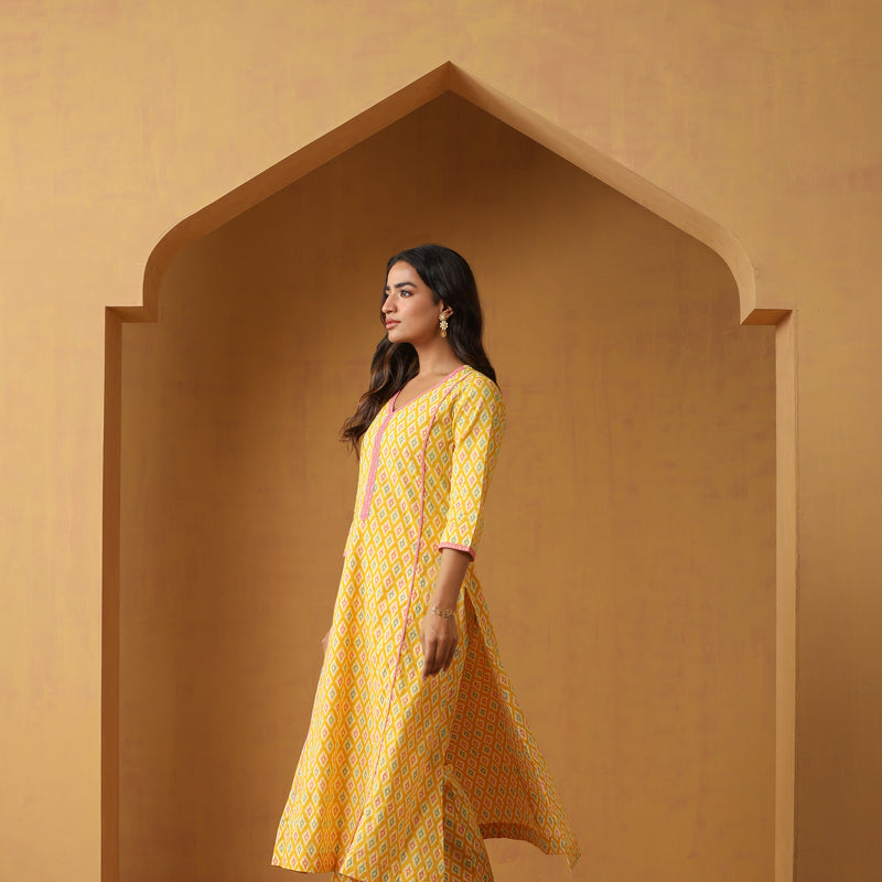 Women Printed Regular Aline Calf Length Kurta Set - Yellow - Khushal K - Image 9