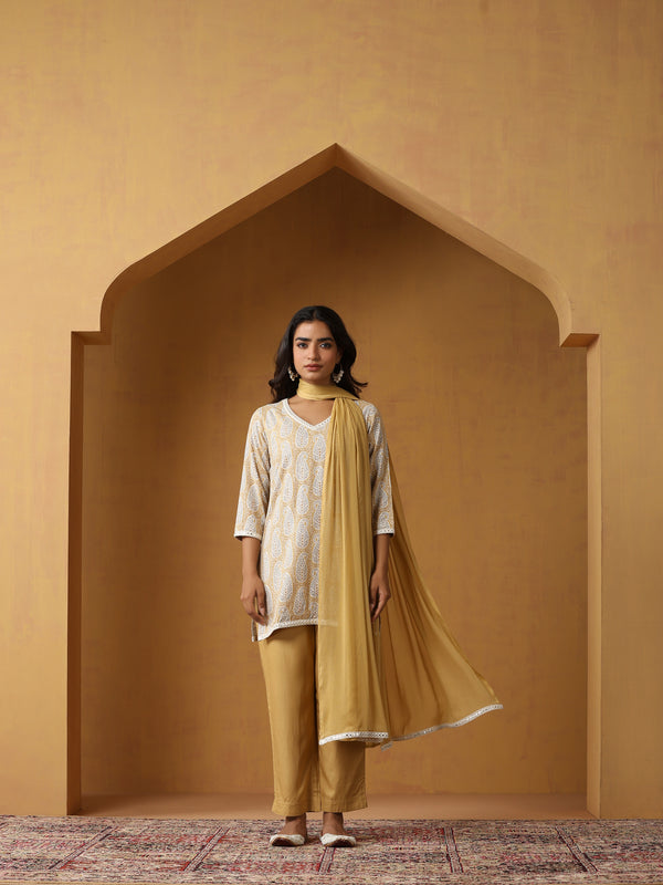 Paisley Printed Pure Cotton Straight Kurta With Palazzo And Dupatta