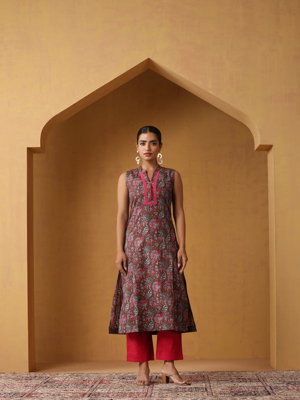 Khushal K Floral Printed Mandarin Collar Pure Cotton Straight Kurta set
