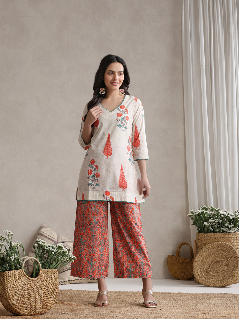 Printed Cotton V-Neck Tunic With Palazzo Co-Ords