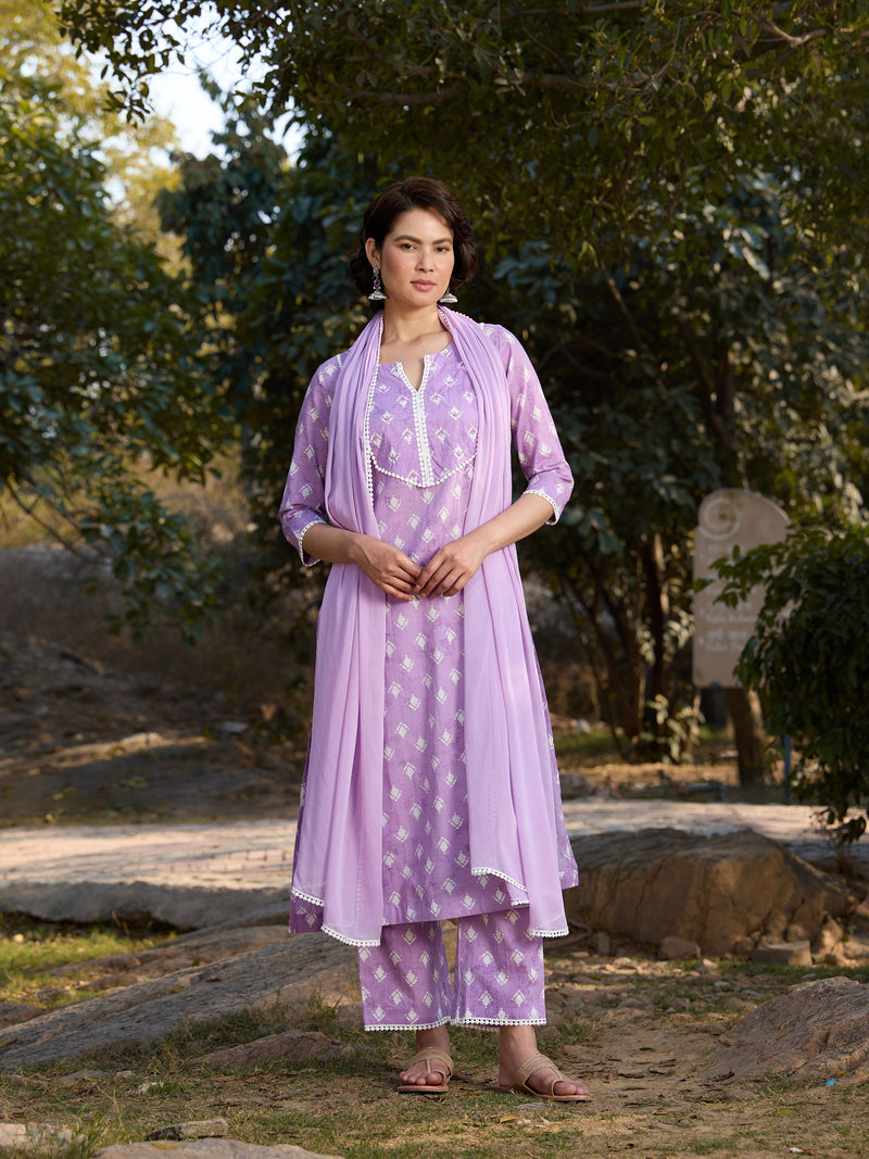 Khushal K Women Printed Regular Pure Cotton purple Kurta & Palazzo With Dupatta