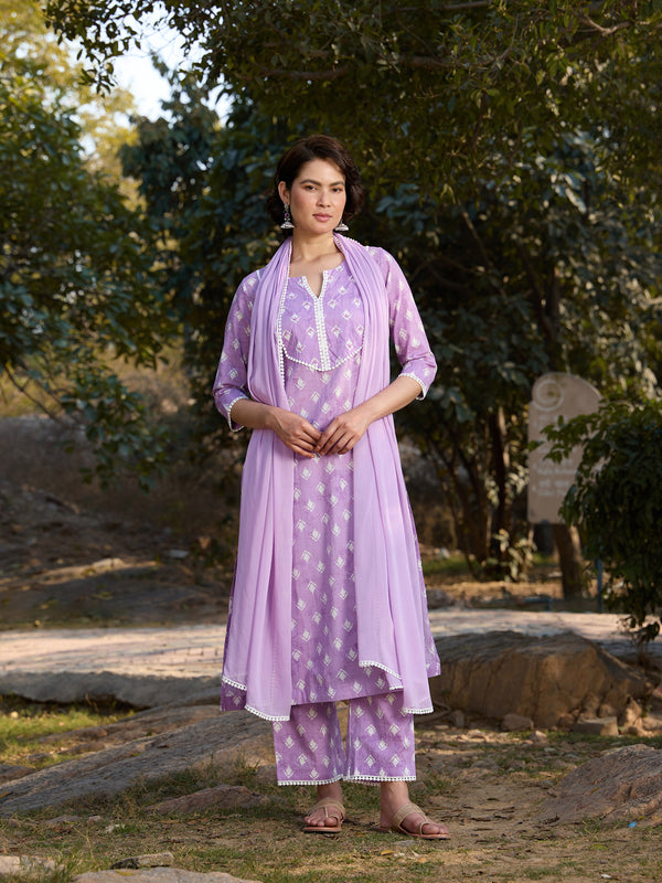 Khushal K Women Printed Regular Pure Cotton purple Kurta & Palazzo With Dupatta