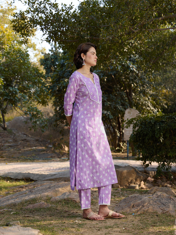 Khushal K Women Printed Regular Pure Cotton purple Kurta & Palazzo With Dupatta