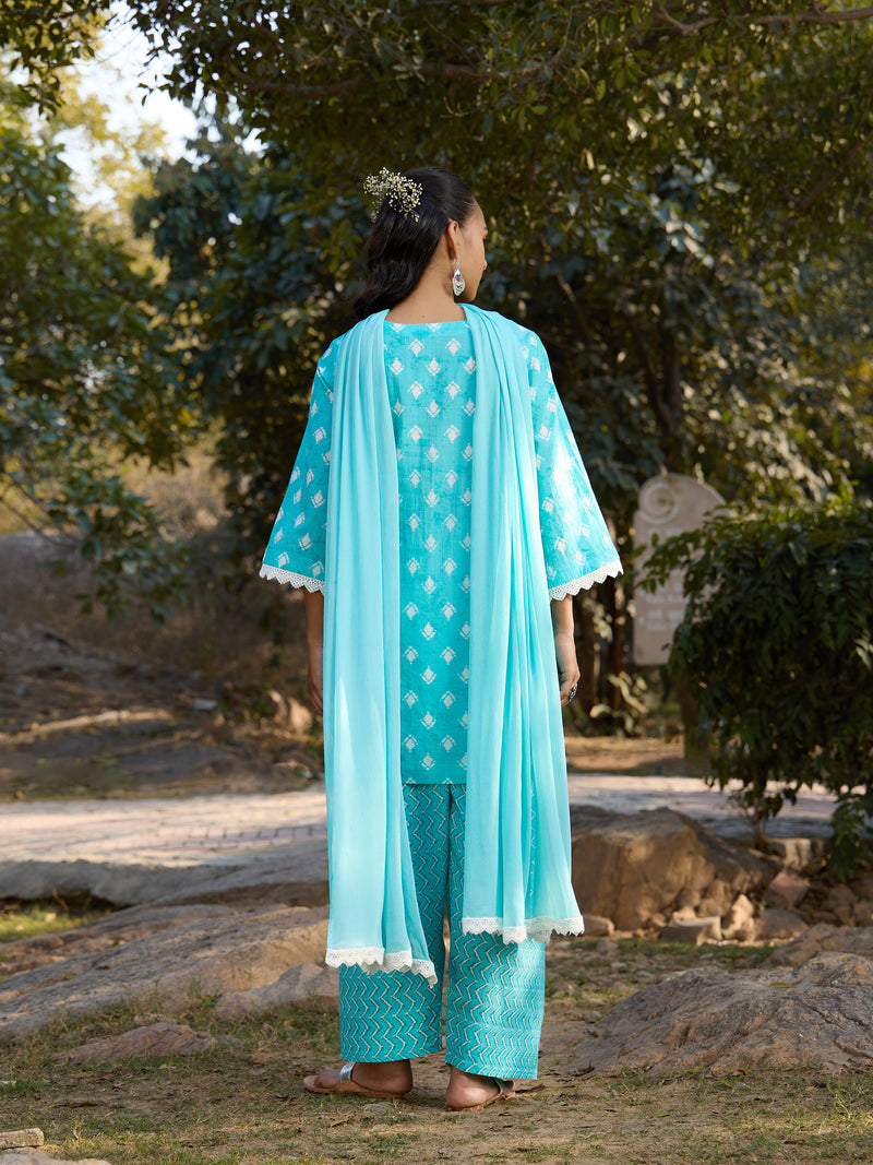 Khushal K Women Printed Regular Pure Cotton turquoise blue Kurta & Palazzo With Dupatta