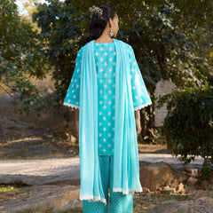 Khushal K Women Printed Regular Pure Cotton turquoise blue Kurta & Palazzo With Dupatta