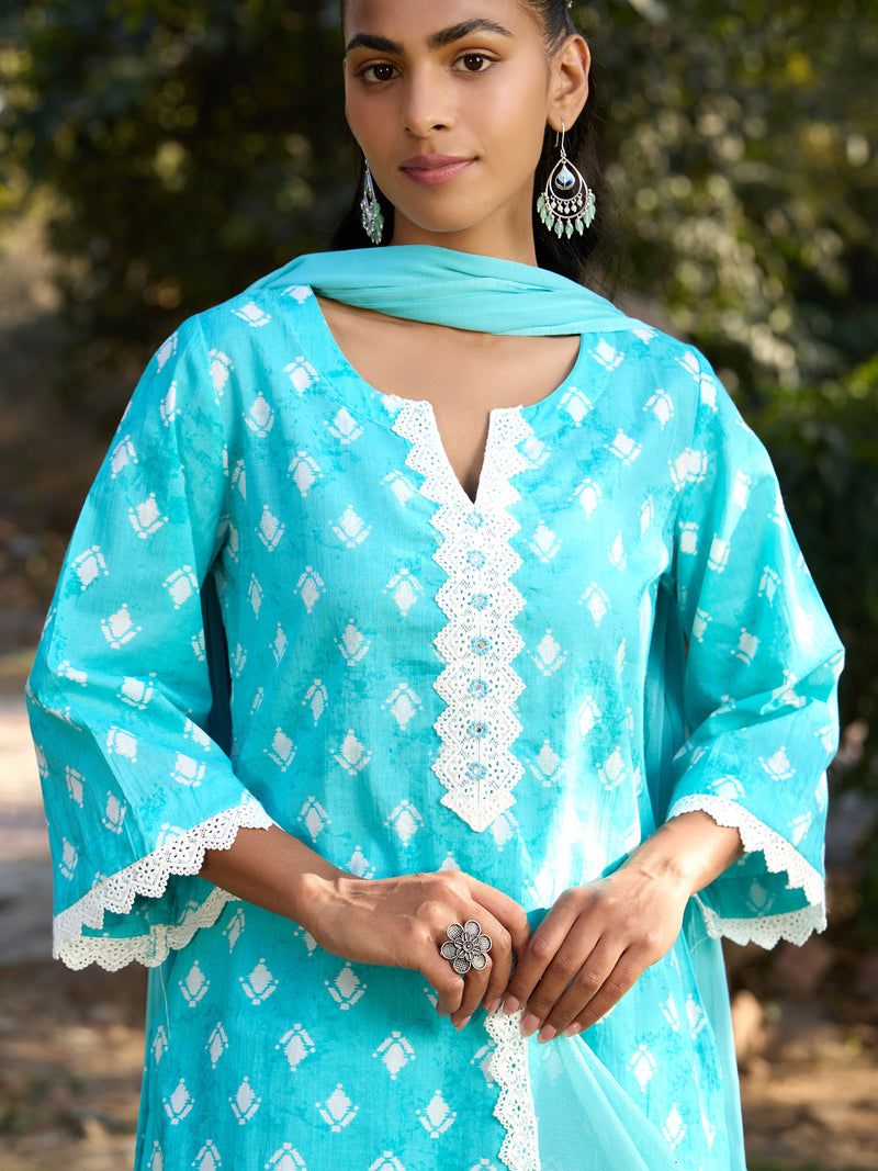 Khushal K Women Printed Regular Pure Cotton turquoise blue Kurta & Palazzo With Dupatta