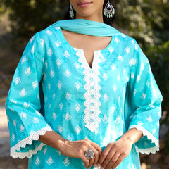 Khushal K Women Printed Regular Pure Cotton turquoise blue Kurta & Palazzo With Dupatta