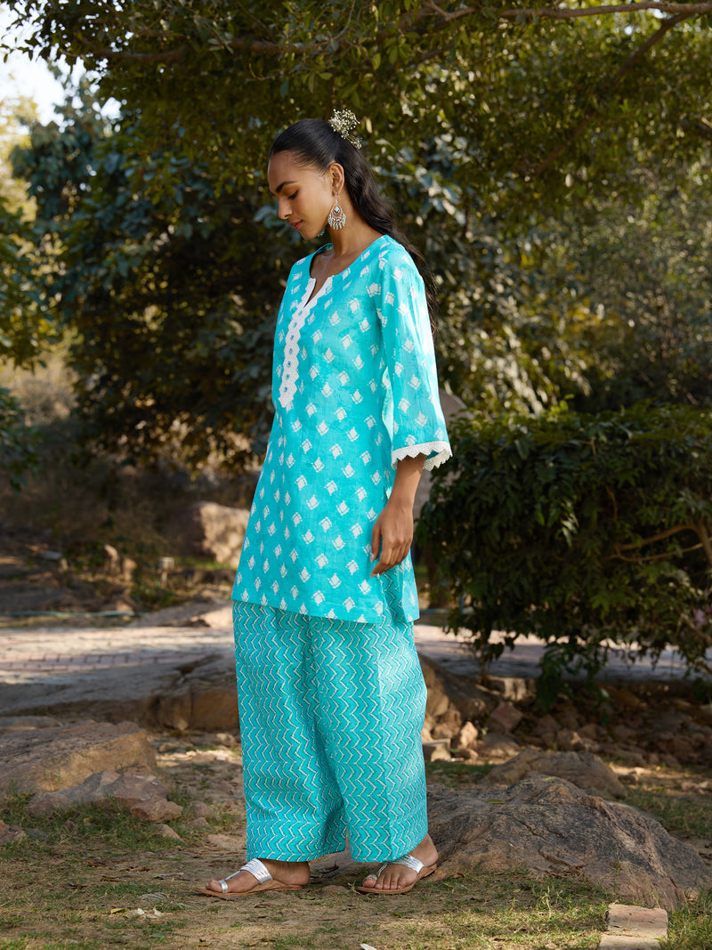 Khushal K Women Printed Regular Pure Cotton turquoise blue Kurta & Palazzo With Dupatta
