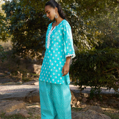Khushal K Women Printed Regular Pure Cotton turquoise blue Kurta & Palazzo With Dupatta