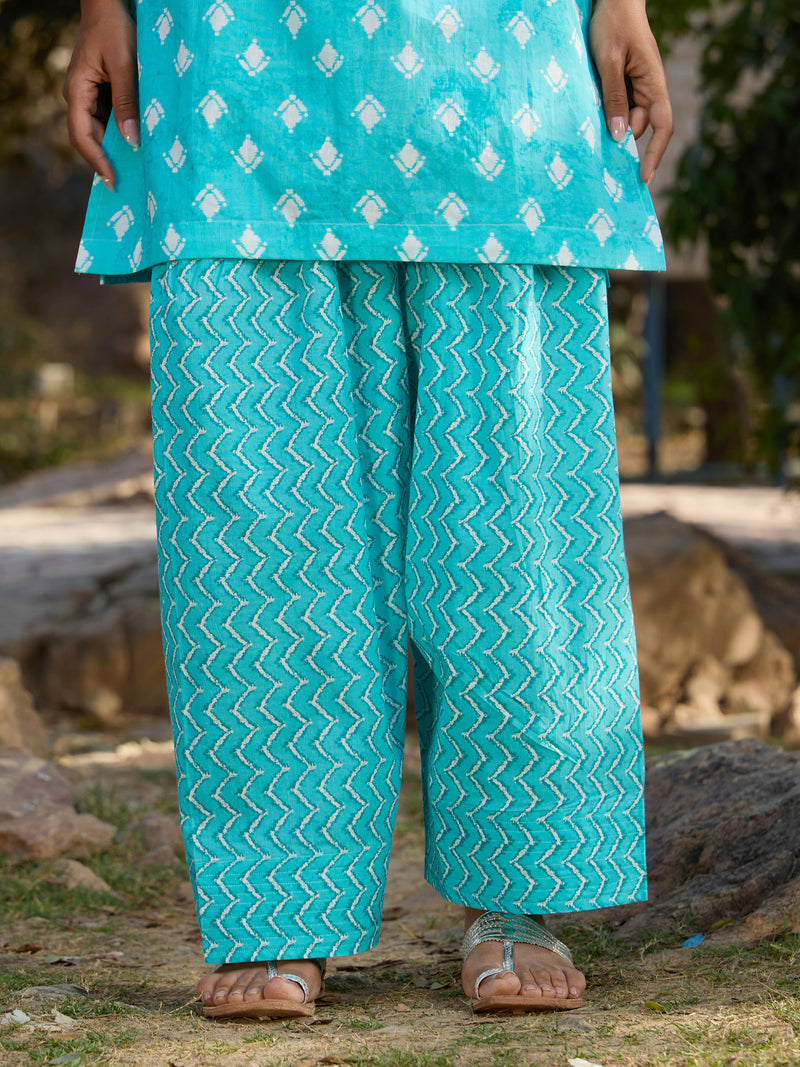 Khushal K Women Printed Regular Pure Cotton turquoise blue Kurta & Palazzo With Dupatta