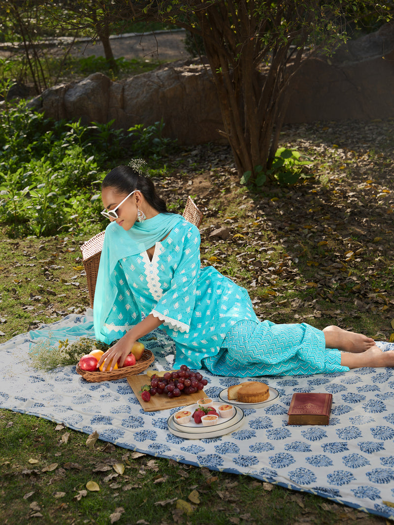 Khushal K Women Printed Regular Pure Cotton turquoise blue Kurta & Palazzo With Dupatta