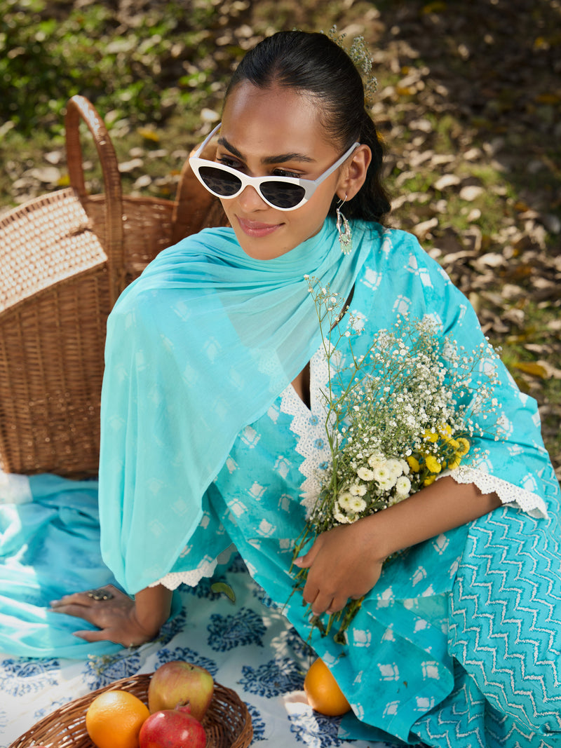 Khushal K Women Printed Regular Pure Cotton turquoise blue Kurta & Palazzo With Dupatta