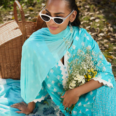 Khushal K Women Printed Regular Pure Cotton turquoise blue Kurta & Palazzo With Dupatta