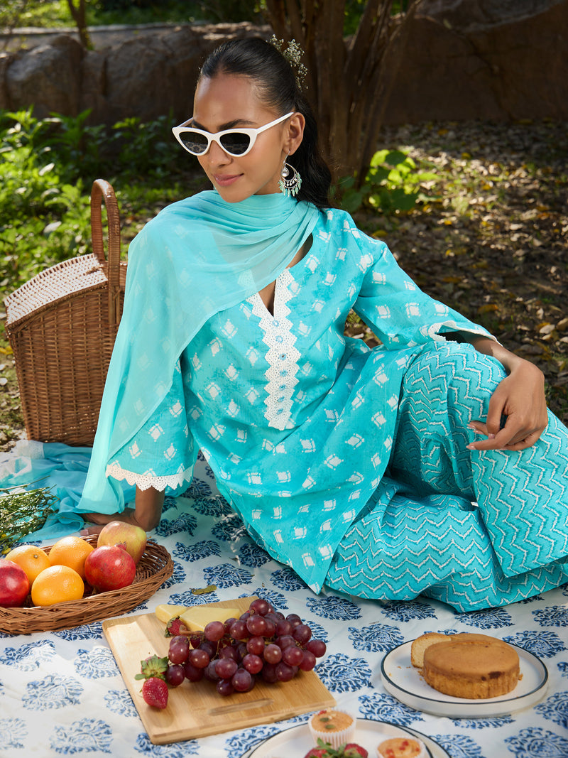 Khushal K Women Printed Regular Pure Cotton turquoise blue Kurta & Palazzo With Dupatta