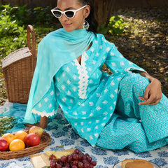 Khushal K Women Printed Regular Pure Cotton turquoise blue Kurta & Palazzo With Dupatta