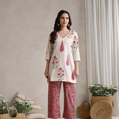 Floral Printed Cotton V-Neck Tunic With Trouser Co-Ords