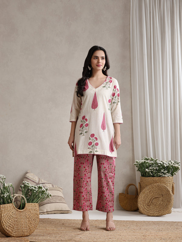 Floral Printed Cotton V-Neck Tunic With Trouser Co-Ords