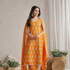 Khushal K Floral Printed V-Neck Pure Cotton Straight Kurta set